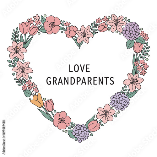 Heart-shaped floral frame celebrating grandparents with colorful flowers – stock vector flat illustration