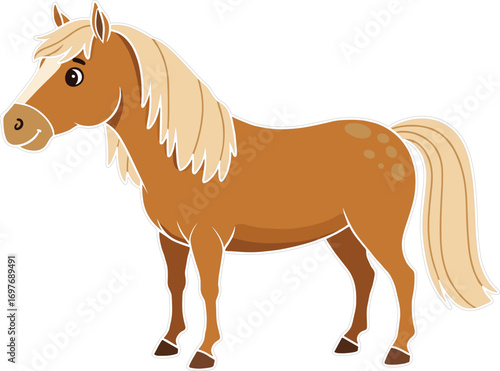 Cute brown cartoon horse with blonde mane and tail, friendly farm animal illustration for kids, learning materials, or storybooks