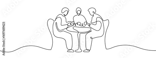 Continuous vector line of a group of people sitting and drinking coffee. Line art. Editable stroke.