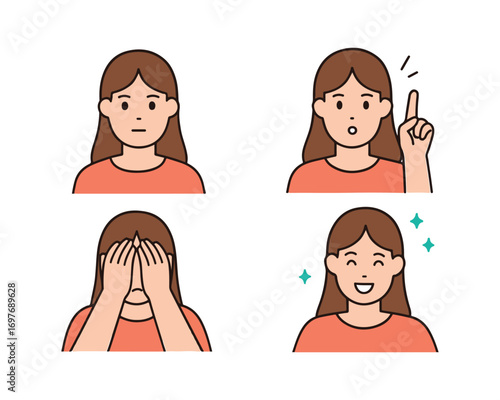 Various Expression Variation Set of a Young Woman with Long Hair