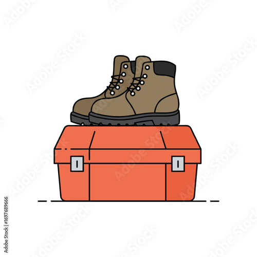 Hiking boots on orange toolbox - durable footwear and utility storage illustration – stock vector flat illustration