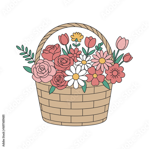 Colorful floral basket with roses, tulips, and daisies – stock vector flat illustration