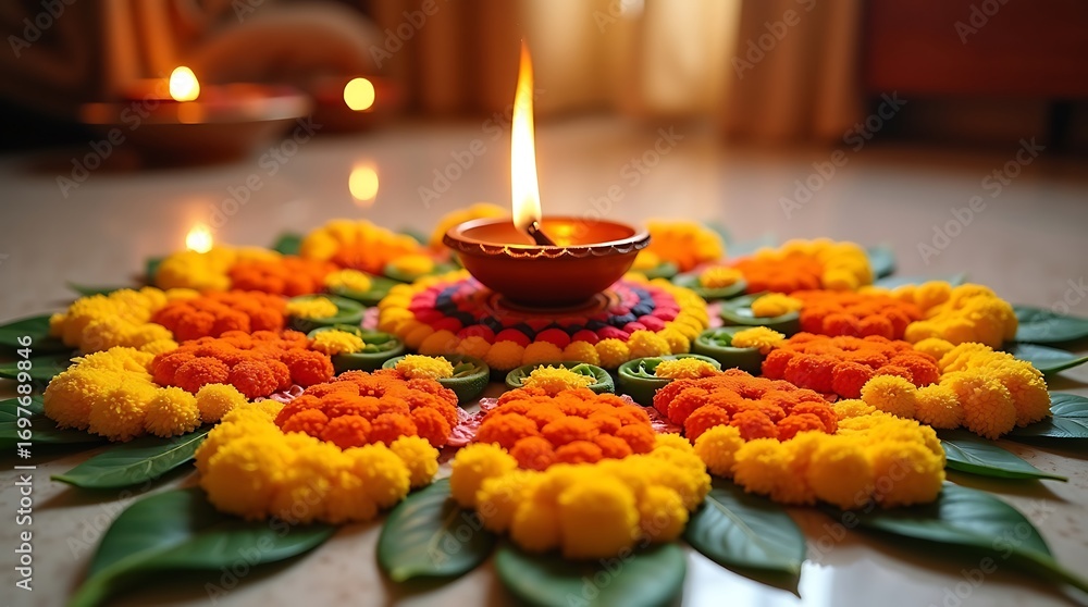 Obraz premium Floral Rangoli with Diya and Petals for Traditional Indoor Festive Decor