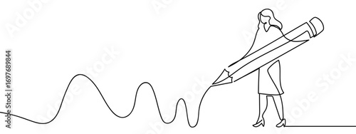 Continuous line vector illustration of businesswoman creating business path. Line art. Editable stroke.