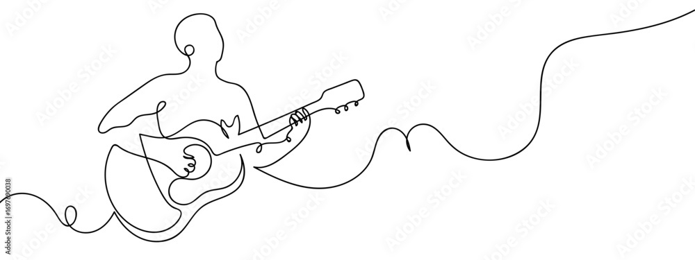 Obraz premium Continuous vector line of a person strumming a guitar. Line art. Editable stroke.