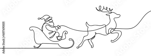Continuous vector line drawing of Santa Claus on sleigh and reindeer. Line art. Editable stroke.