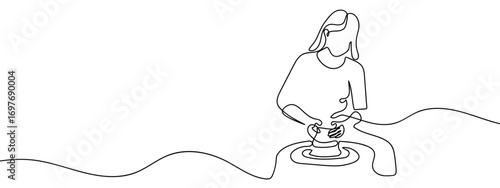 Continuous vector line of a person sculpting pottery. Line art. Editable stroke.