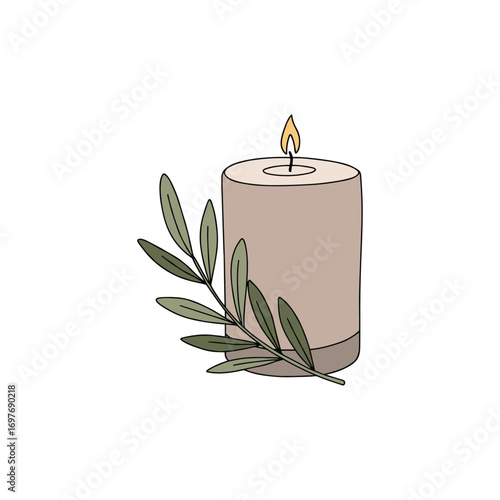 Minimalistic lit candle with olive branch illustration – stock vector flat illustration