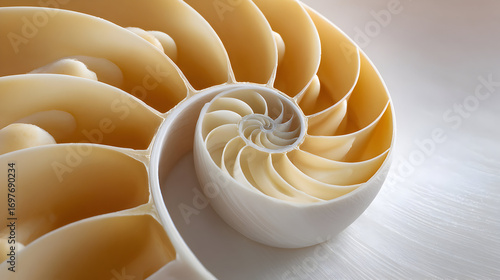 Close-up of a beautifully detailed nautilus shell showcasing intricate spiral patterns and smooth textures, symbolizing natural beauty and mathematical perfection in nature