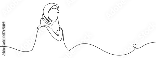Continuous vector line of Muslim woman. Line art. Editable stroke.