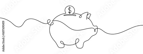 Continuous vector line of a piggy bank being put in coins. Business finance illustration. Line art. Editable stroke.