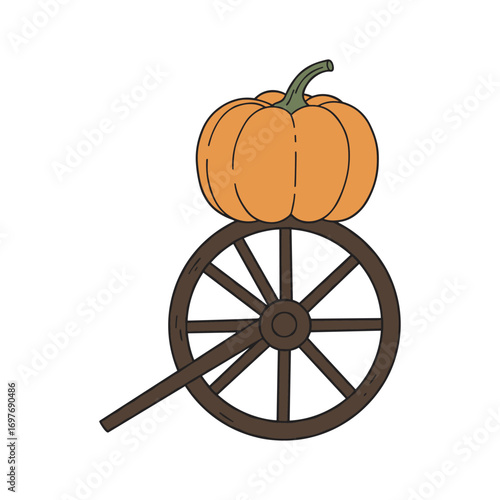 Large pumpkin on vintage wooden cart wheel illustration – stock vector flat illustration