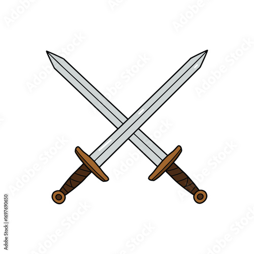 Crossed medieval swords with brown handles and steel blades – stock vector flat illustration