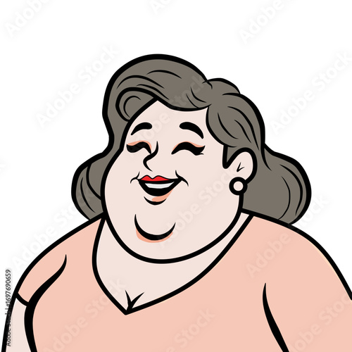 A cheerful cartoon illustration of a happy, plus-sized middle-aged woman with gray hair smiling warmly.