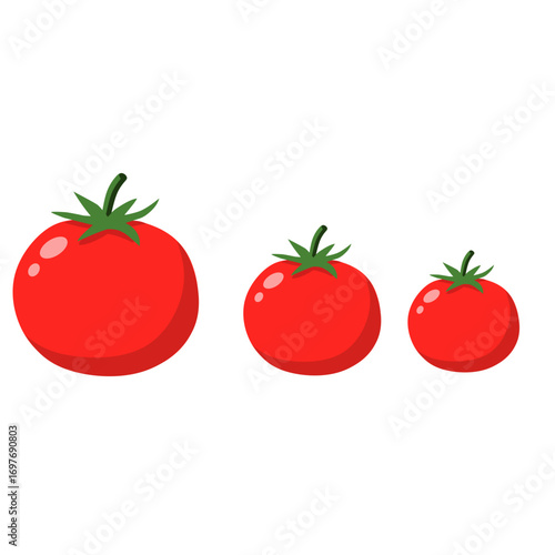Three ripe red tomatoes of varying sizes, each with green stems, arranged horizontally.