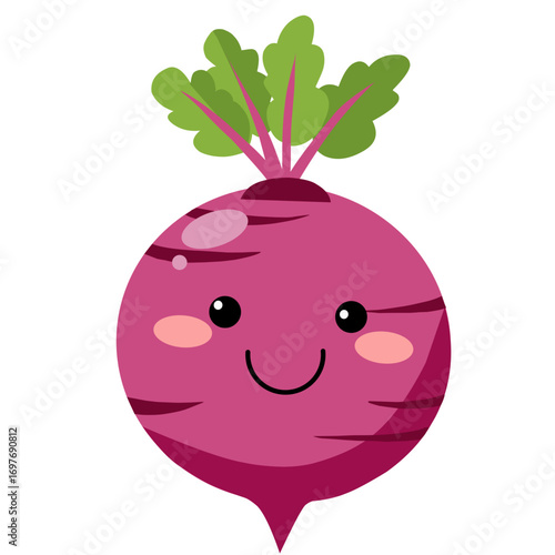 Cute cartoon beet with a smiling face and green leaves on top.
