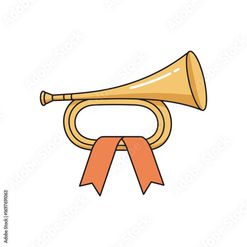Cartoon brass bugle with orange ribbon – stock vector flat illustration