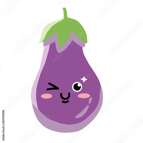 Cute cartoon eggplant character winking with a happy face, purple vegetable illustration with green stem.