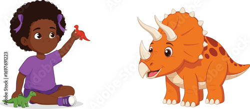 Cute little girl playing with toy dinosaurs while looking at a friendly cartoon triceratops, fun prehistoric animal illustration