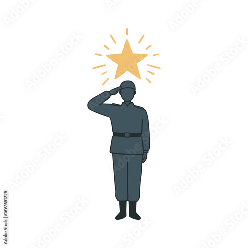 Saluting soldier silhouette with star: honor and valor illustration – stock vector flat illustration