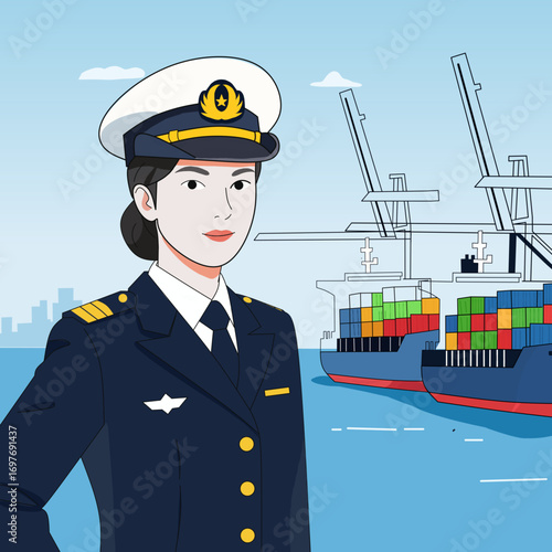 Illustration of a female ship captain in uniform with cargo ships in the background.