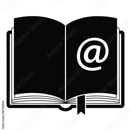 Open book with at symbol on right page represents digital information and knowledge concepts vector