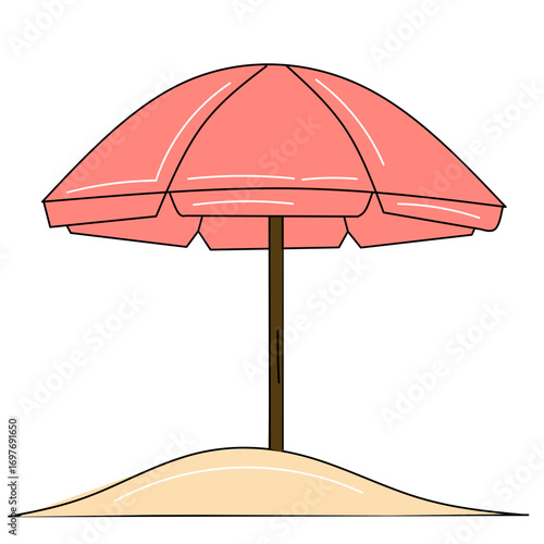 A pink beach umbrella on a pile of sand.