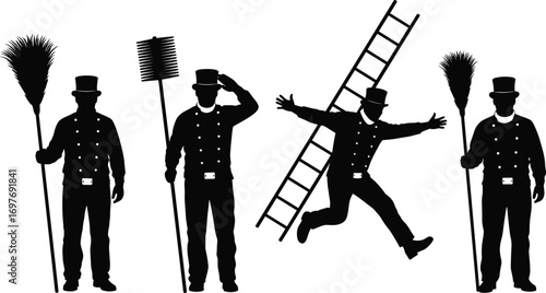 Silhouette of chimney sweeps with tools and ladder, vintage uniform workers cleaning chimney, traditional profession isolated on white background