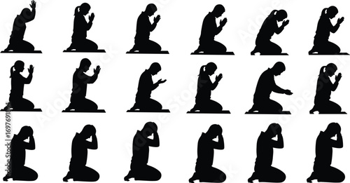 Silhouette of people praying and meditating on knees, spiritual worship, emotional devotion, religious ritual, isolated on white background