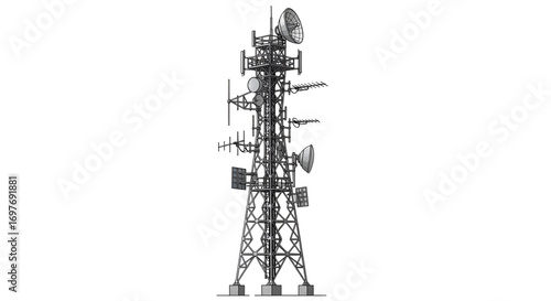 Telecommunication tower with antennas and dishes isolated PNG with Transparent Background
