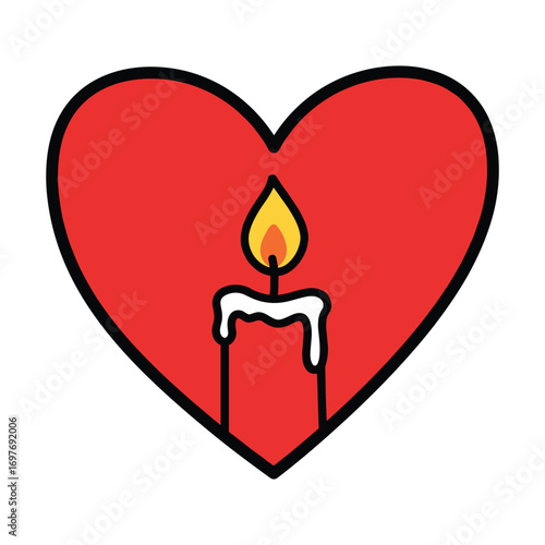Red heart with burning candle and wax drip symbolizing love and warmth – stock vector flat illustration