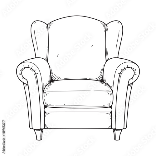 Hand-drawn wingback armchair illustration with cushions and curved legs – stock vector flat illustration