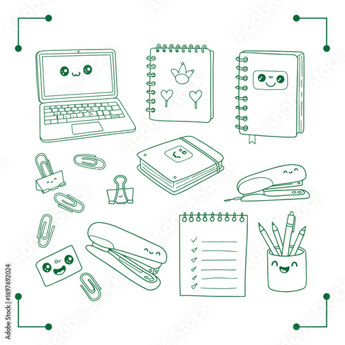 collection of office supplies and school supplies cute cartoon style.
