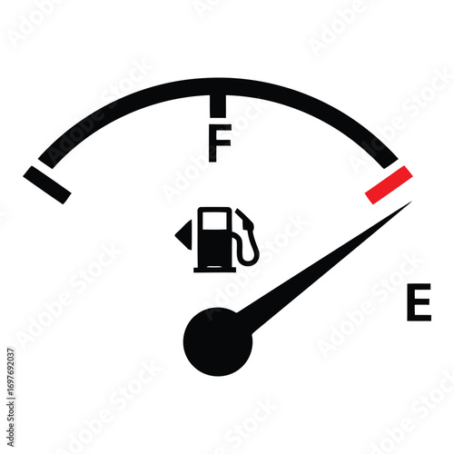 Fuel gauge indicator showing nearly empty tank with red warning light and gas pump icon vector