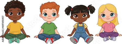 Diverse group of happy children sitting cross-legged, multicultural kids together, friendship, childhood, smiling faces, playful, cute cartoon illustration