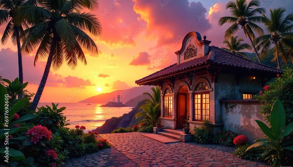 Obraz premium Colonial Architecture, Tropical Sunset A Captivating Scene of History and Adventure