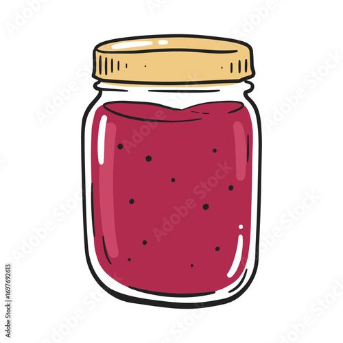 Jar of homemade raspberry jam with berries and golden lid – stock vector flat illustration