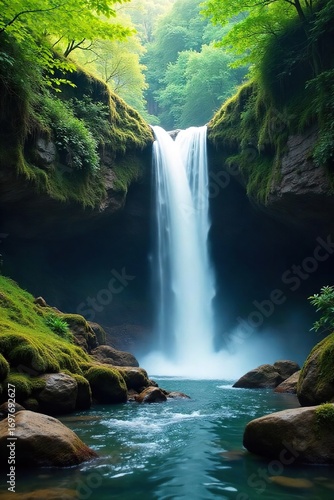 Serene waterfall cascading over mossy rocks, creating a tranquil and peaceful atmosphere perfect for relaxation and meditation Imagine the soothing sounds of nature , nature sounds, water
