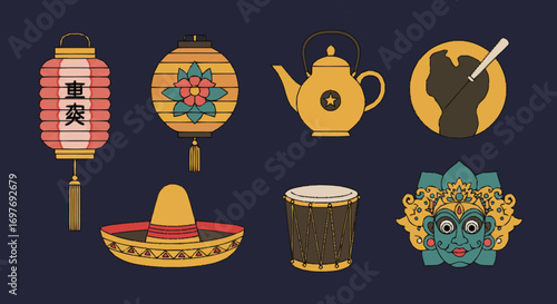 Stylized graphic set of diverse world culture icons, showcasing traditions from different countries in a flat vector design