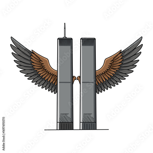 Conceptual tribute featuring twin towers with angelic wings symbolizing hope and resilience – stock vector flat illustration