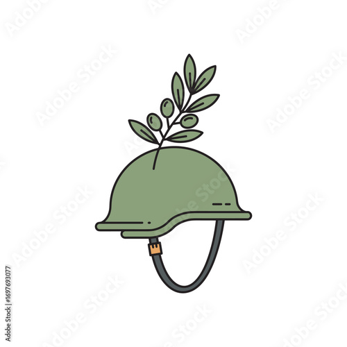 Olive branch military helmet symbolizing peace and reconciliation – stock vector flat illustration