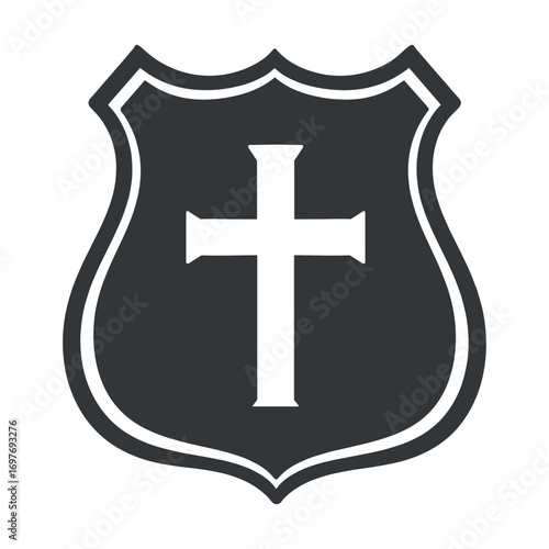 Cross emblem on shield icon symbolizing protection and faith – stock vector flat illustration