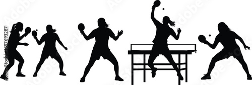 Silhouettes of female table tennis players in various action poses with paddles and balls, including table and dynamic moves.