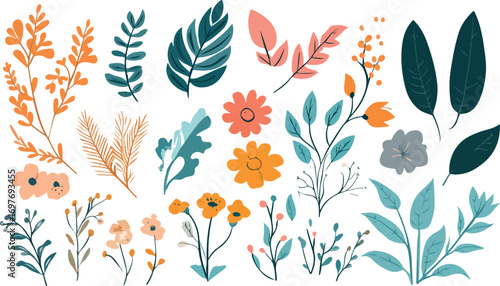 Collection of delicate hand drawn botanical elements featuring various leaves flowers and branches