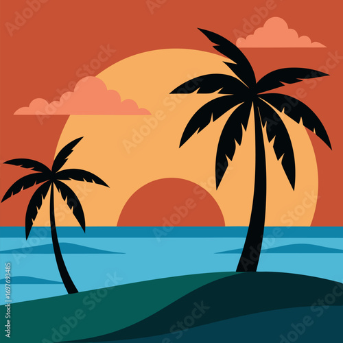 Tropical beach at sunset with palms vector natural landscape background.