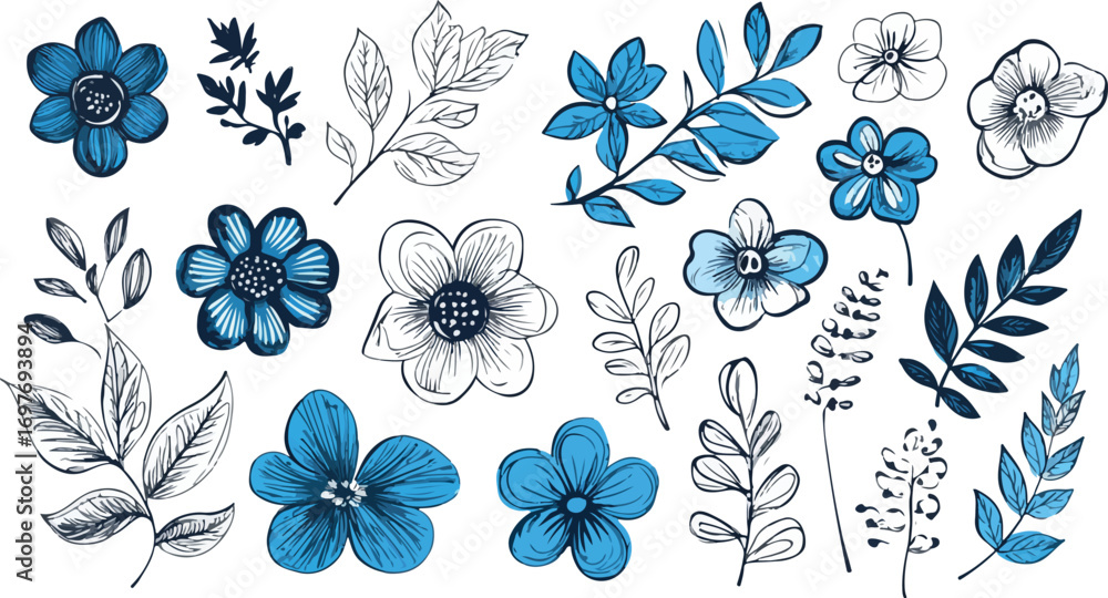 Fototapeta premium Collection of hand drawn blue watercolor flowers and botanical illustrations on white background