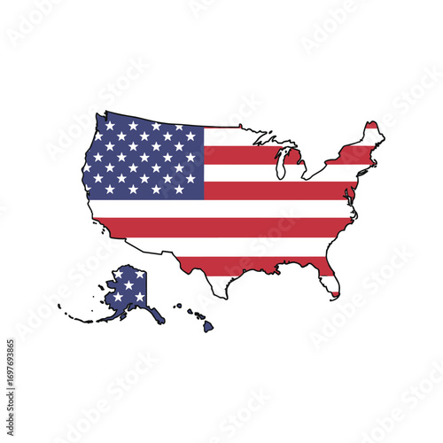 United states map with american flag design in red, white, and blue – stock vector flat illustration