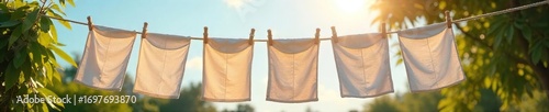 Crisp, clean, and newly-pressed linens on a clothesline, drying in the gentle breeze A scene of fresh laundry, sun-kissed and airy, radiating a sense of purity and renewal , clean, sunlight