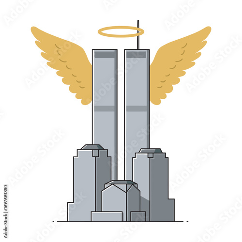 Illustration of twin towers with wings and halo as a memorial tribute – stock vector flat illustration