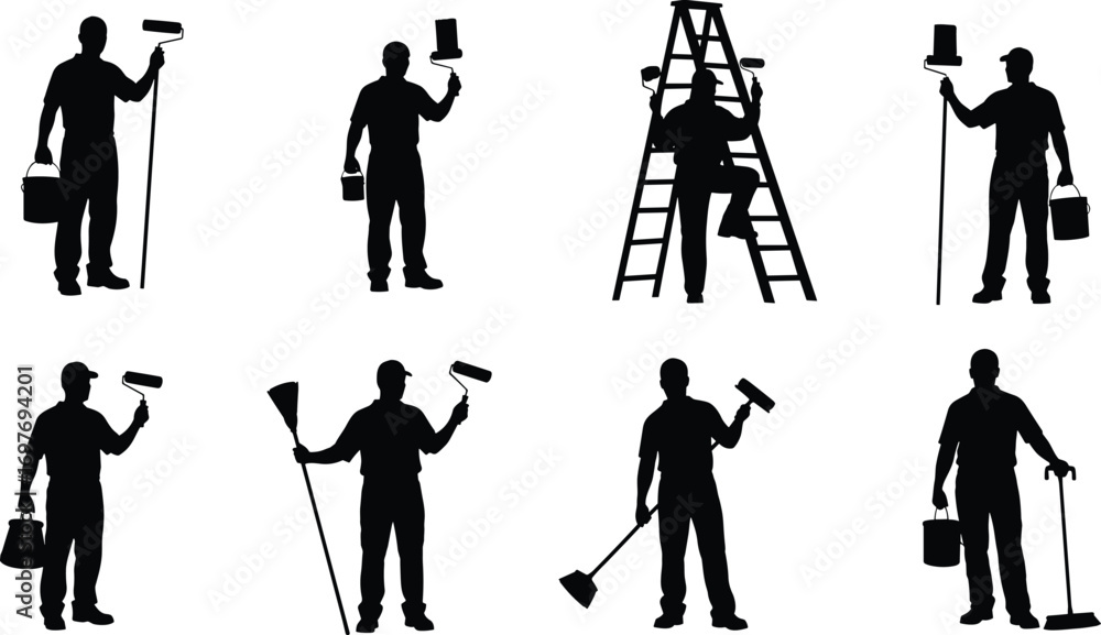 Obraz premium Silhouettes of painters with paint rollers, buckets, ladders, and cleaning tools in various standing and working positions.
